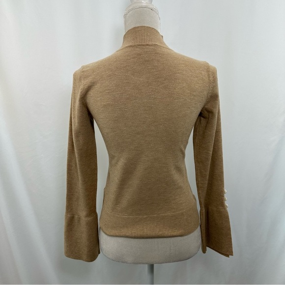 CeCe Women's Imitation Pearl Trim Split Sleeve Mock Neck Sweater Size Small Tan - Picture 3 of 9